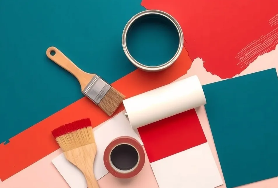 Pots de peinture, nuancier, brosses et rouleaux disposés à plat