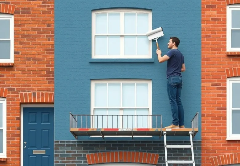 Peintre sur échafaudage traitant la façade d'une maison