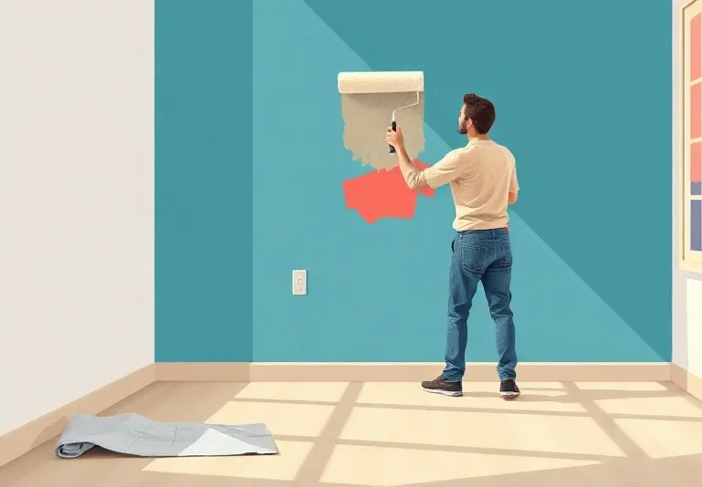 Peintre appliquant la peinture au rouleau sur un mur de salon